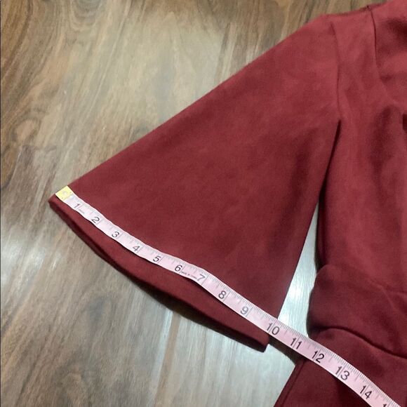 VENUS Faux Suede Maroon A-line Dress with Bell Sleeves - Picture 3 of 10
